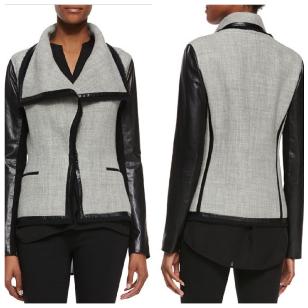Vince Leather-Sleeve Wool-Blend Boucle Jacket